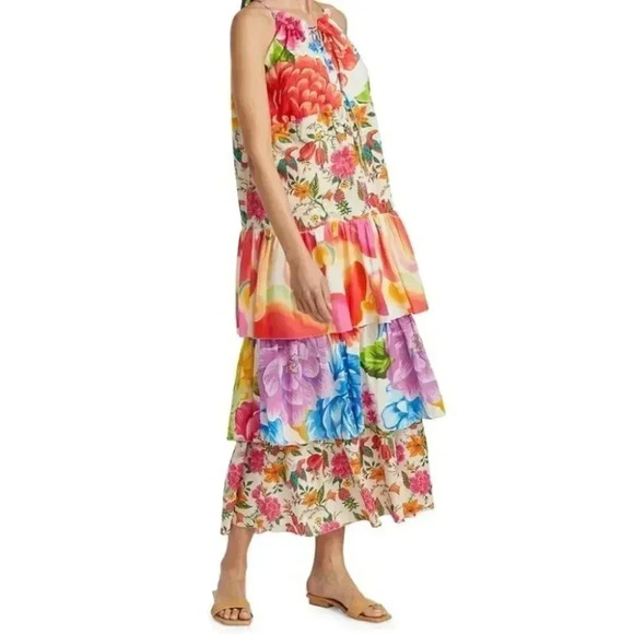 NWT Farm Rio White Mixed Prints Tiered Maxi Dress Tropical Cotton Size Small - Picture 5 of 13